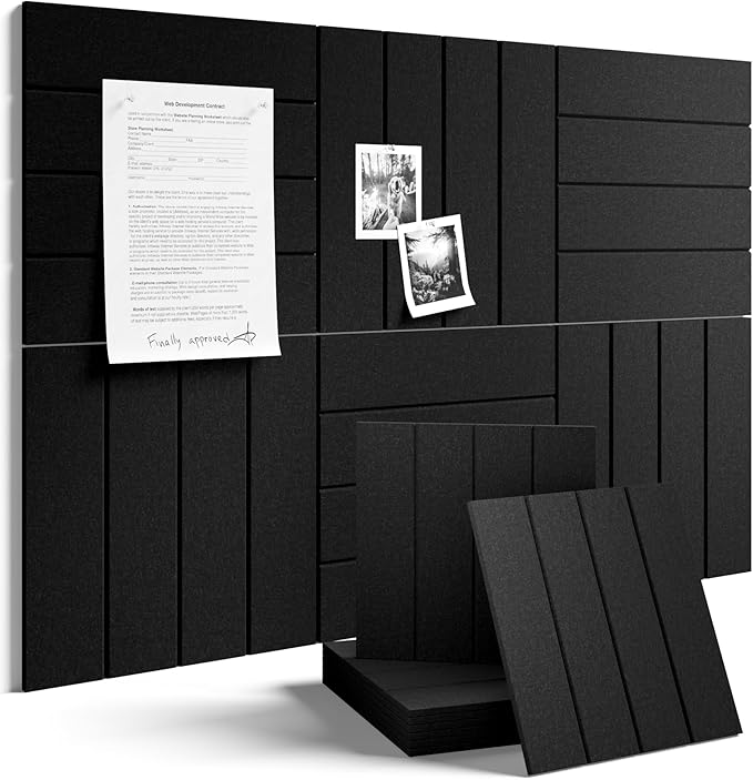 Fluxynara Felt Bulletin Board Tiles Large 36" x 24" Cork Board Alternative-6 Pack with 32 Adhesive Tabs, Thick Slat Wall Panels for Office Decor, Push Pin Board Wall Organizer Alternative - Black