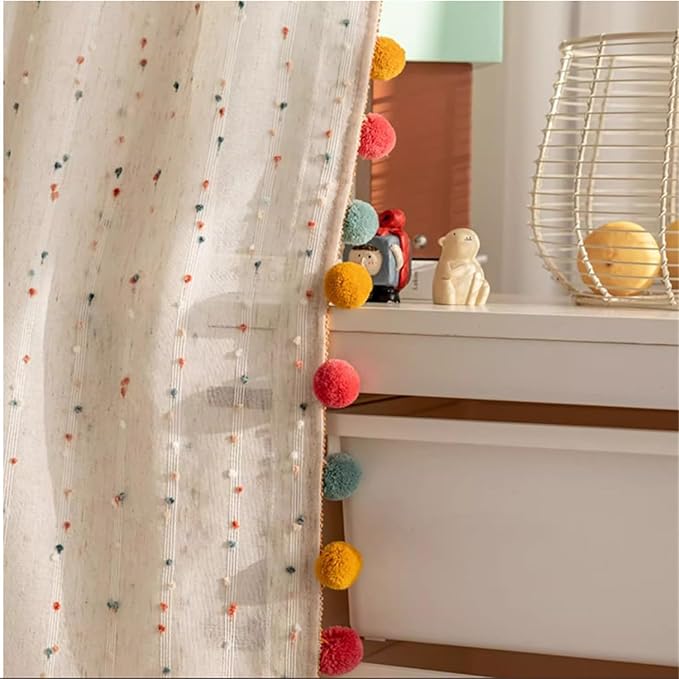 Boho Rainbow Sheer Curtain with Colorful Pom Pom Voile Drapes Faux Linen | Light Filtering Stripe Pompom Rod Pocket Window Drapes for playroom Bedroom/living room 2panels (W52 X L84 Inch-2PCS,White)