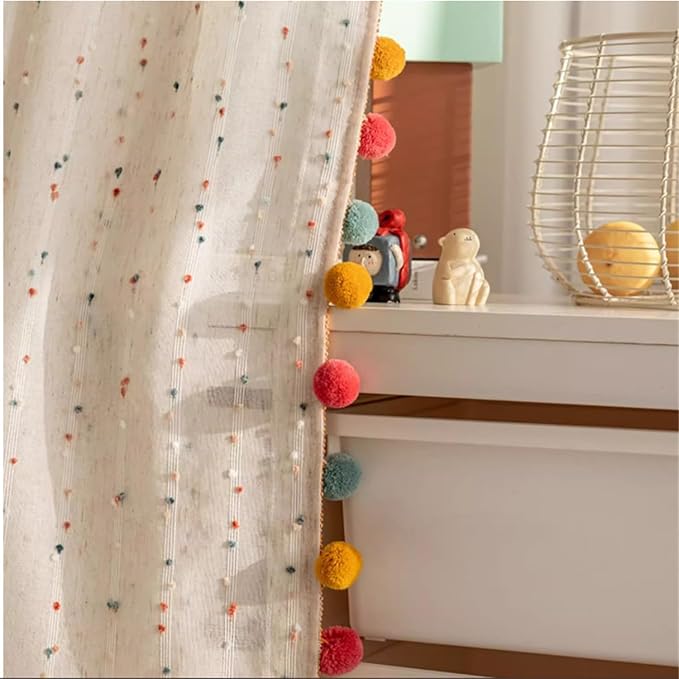 Boho Rainbow Sheer Curtain with Colorful Pom Pom Voile Drapes Faux Linen | Light Filtering Stripe Pompom Rod Pocket Window Drapes for playroom Bedroom/living room 2panels (W42 X L63 Inch-2PCS,White)