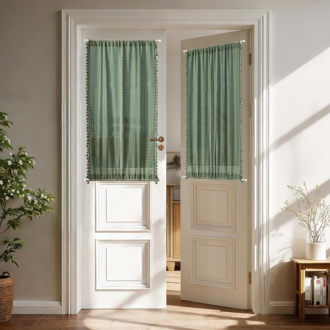 Sutuo Home Green Door Curtains 2 Panels for Doorway Glass & Sidelights, French Country Handmade Tassels Vintage Chic Privacy Drapes Xmas Olive Boho Curtains for Front Door, Rod Pocket 25" W x 40" L