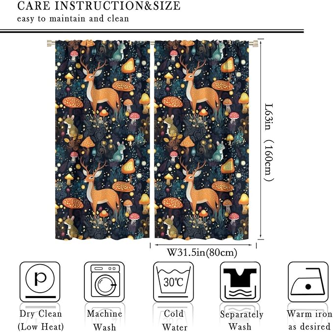 Fantasy Plant Curtains,Cute Woodland Deer Forest Animal Floral Mushroom Print Window Treatments for Bedroom Living Room Study Window Drapes 2 Panels Set,Total Size 63 x 63 Inch