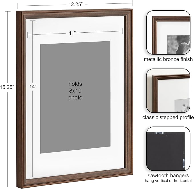 Kate and Laurel Adlynn Rectangle Picture Frame Set of 4; 11 x 14 matted to 8 x 10; Bronze; Vintage Four-Piece Frame Set for Gallery Wall Frame Set in Living Room Wall Decor