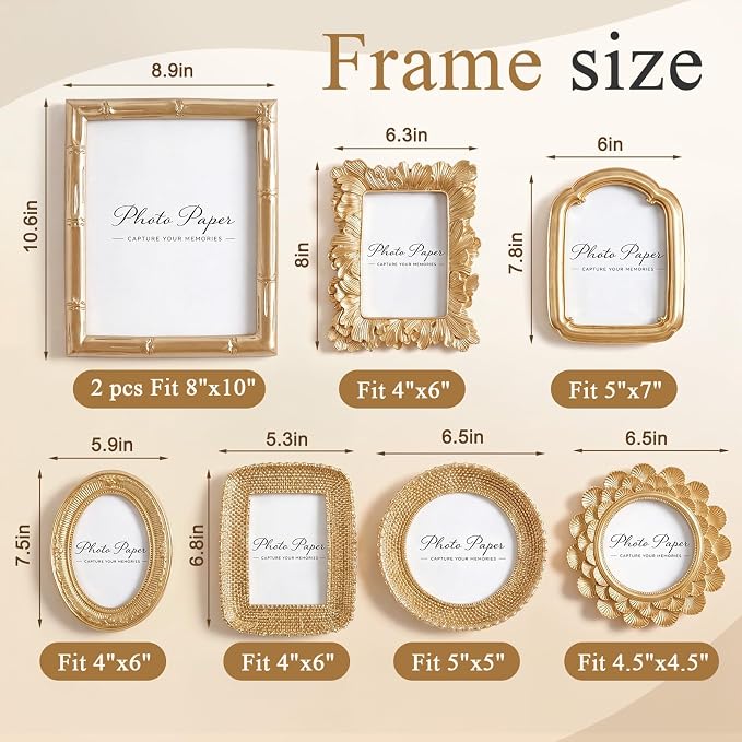 8 Pcs Gold Picture Frames Set for Gallery Wall, Gold Bamboo Frames Collage Assorted Sizes 8x10, 5x7 & 4x6, Modern Ornate Victorian Royal Decor for Wall Mount & Tabletop Display