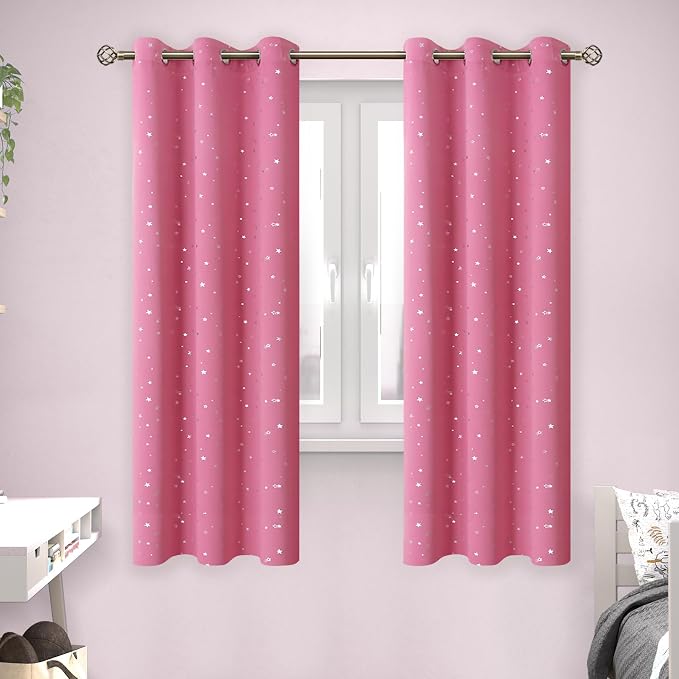BGment Pink Star Blackout Curtains for Kid's Bedroom - Grommet Thermal Insulated Room Darkening Printed Curtains for Girl Room, Set of 2 Panels, 38 x 63 Inch