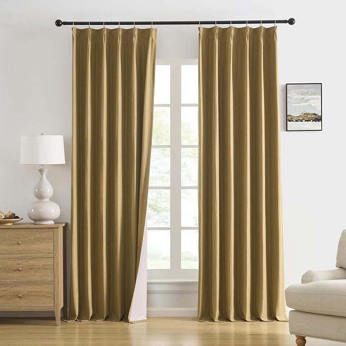 DUALIFE Gold Tan Pinch Pleated Blackout Curtains 96 Inches Long, Back Tab with Hooks, Linen Full Black Out Thermal Insulated Track Curtain for Bedroom Living Room,40 W x 96 L, 2 Panels