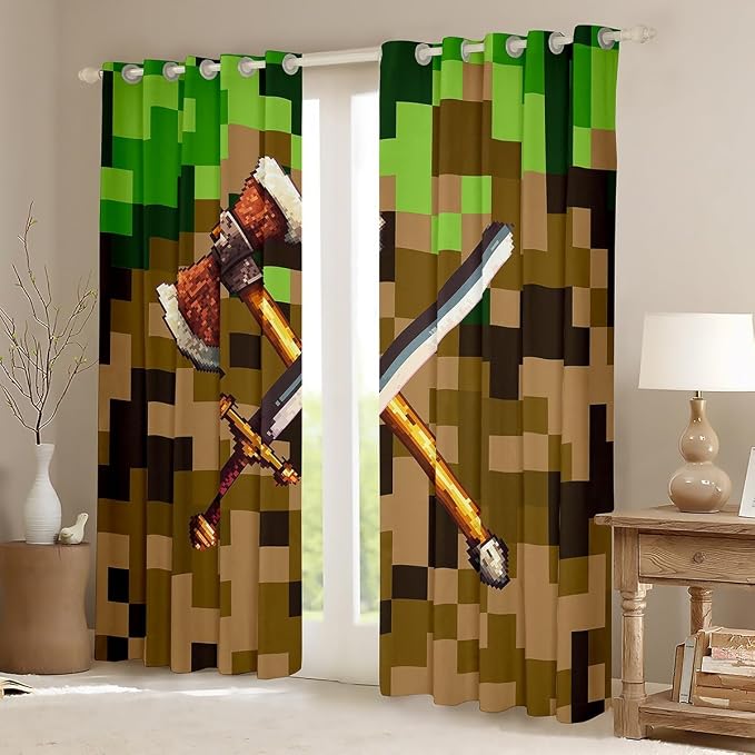 Castle Fairy Axe Sword Window Curtain,Camouflage Blocks Privacy Blackout Curtain for Window Miner Theme Shade Windows Covering for Bedroom Pixel Style Drapes 2 Panels,38Wx54L