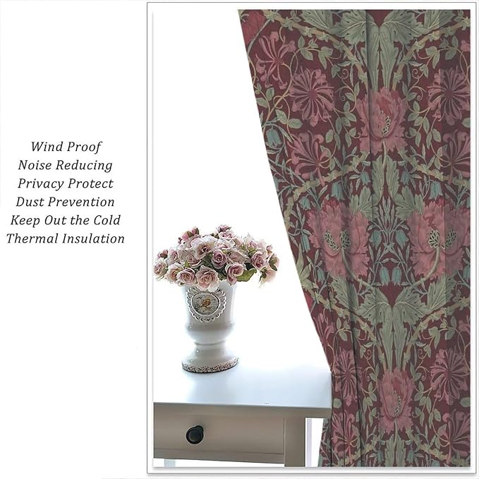 William Morris Art Vintage Flower Curtains, Rustic Retro Plant Nature Floral Print Blackout Window Treatments Drapes, for Living Room Bedroom Kitchen 21(W)*54(L) 2 Panels