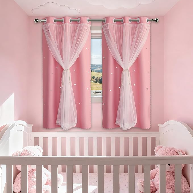 Pink Curtains Drapes Blackout 60 Inches Long Cute Star Cutout Nursery Decor | Girls Room Darkening Curtain Double Layer Tulle Lace Sheer 2 Panels Kids Thermal Insulated Bedroom Window Treatments Cortinas