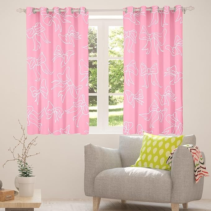 Feelyou Cute Bowknot Room Darkening Blackout Curtain Boys Girls (2 Panels, 38 x 45 Inch) Pink Girls Bow Curtains for Bedroom Living Room Bow Blackout Curtains Kawaii Window Treatments