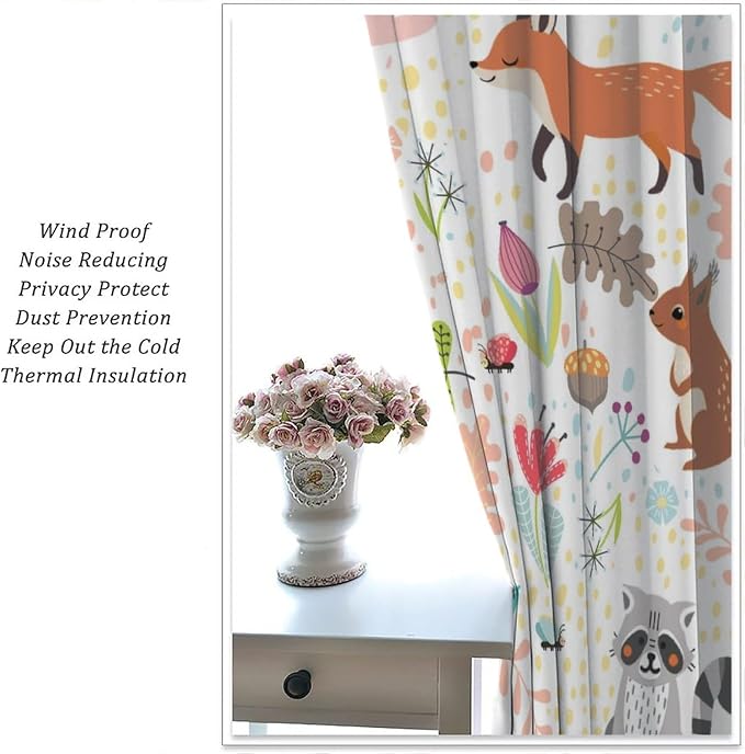 Rustic Animal Curtains, Wild Forest Animal Bear Fox Deer Kids Window Treatments for Living Room Bedroom, Farmhouse Woodland Blackout Drapes 2 Panel Sets, 63x72 Inch