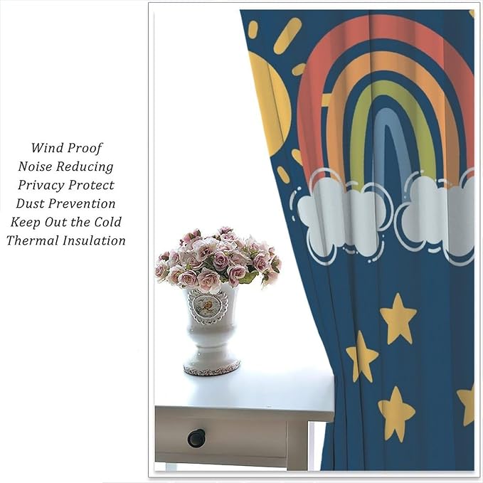 Sun Moon Blackout Curtains, Rainbow Cartoon Cute Moon Sun Star Cloud Colorful Window Drapes, for Kids Bedroom Living Room 42" W X 54" L