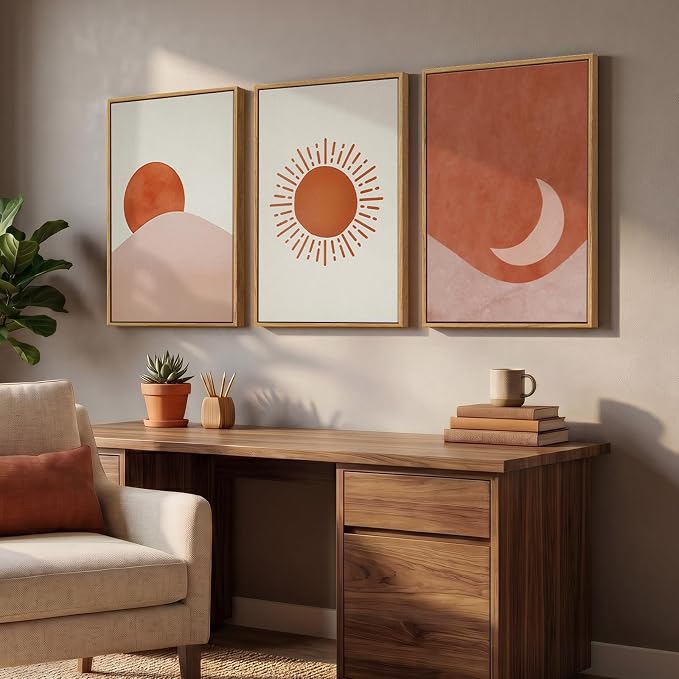 Framed Sun and Moon Boho Wall Art Bedroom, 3 Piece Abstract Minimalist Terracotta Canvas Painings Prints Artwork for Walls, Mid Century Modern Bohemian Pictures for Living Room Office Wall Decor, 16x24 Inch