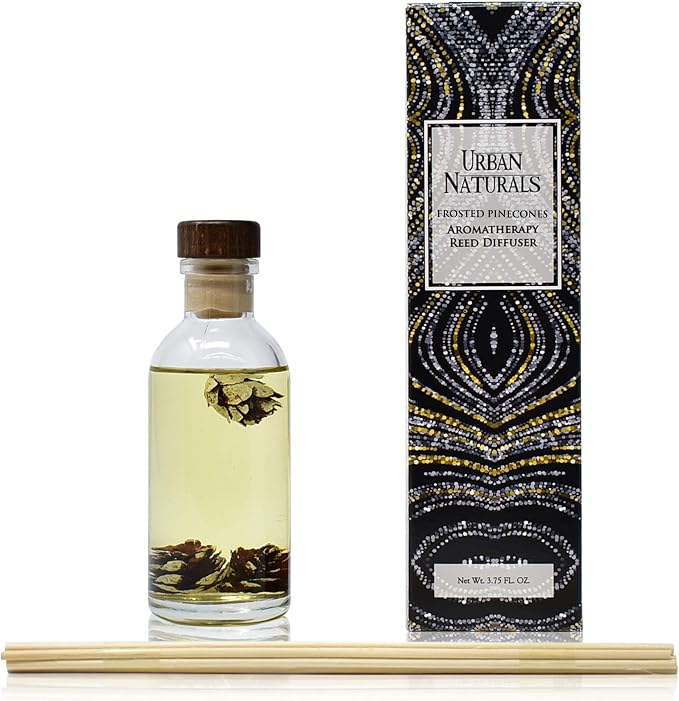 Urban Naturals Reed Diffuser Set, Frosted Pinecones - Bathroom Shelf Décor | Holiday Scented, Pine, Cinnamon, Clove, Cedar wood, Sandalwood and Vanilla Bean Scent Notes