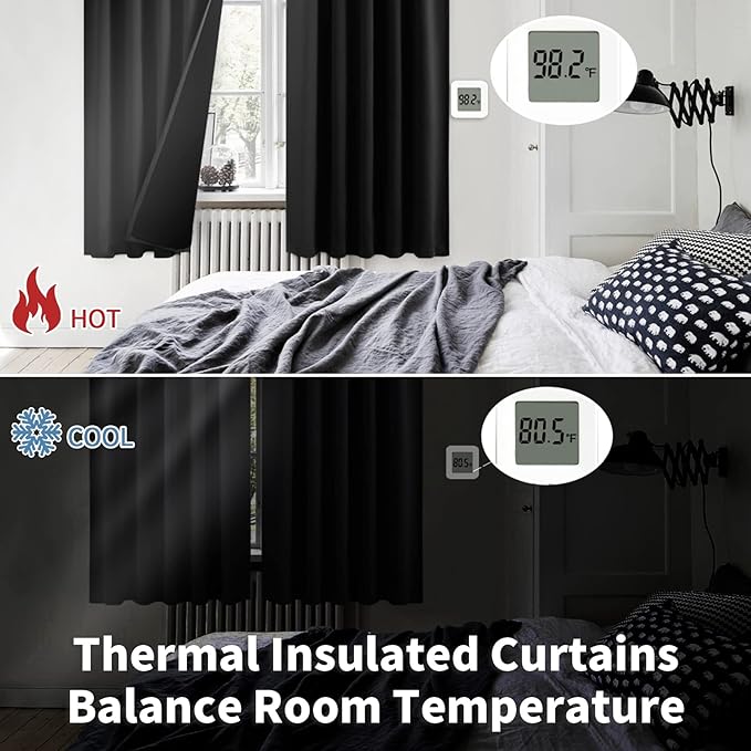 BGment Short Black Full Blackout Curtains with Liner Thermal Curtains 45 Inch Long, Rod Pocket and Back Tab Double Layer Black Out Privacy Curtains for Bedroom (52 x 45 Inch, 2 Panels)