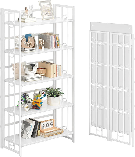 4NM No Assembly 5 Tiers Folding Bookshelf, 59.4" H Foldable Storage Shelves Vintage Bookcase Standing Racks Study Organizer Home Office - All White