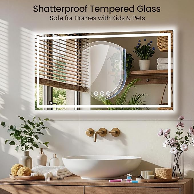 48X36 LED Bathroom Mirror with Lights, Anti-Fog, Backlit + Front Lit, Lighted Bathroom Vanity Mirror for Wall, Memory Function, Dimmable, Tempered Glass, Shatter-Proof