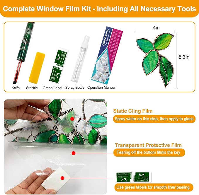 COUNTEWOL Window Privacy Film with Installation Tools Home Decorative Colored Glass Window Stickers Reusable electrostatic Rainbow Stickers (Greenery Leaf, 45.2 x 78.7 in)