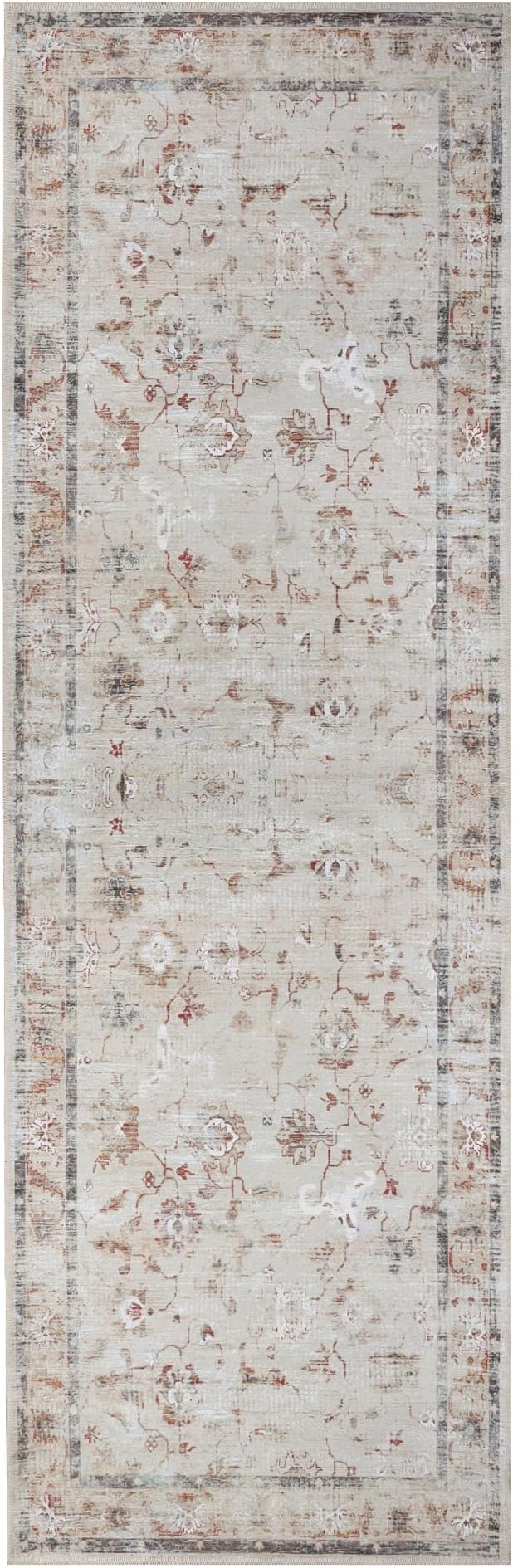 Superior Floral Scroll Washable Runner Rug, Cotton Backing, Carpet for Dining Table Mud Room, Non-Slip Rug for Hallway, Entry, Kitchen, Low Pile Area Rug, Swan Collection, 2' 7" x 8', Cream