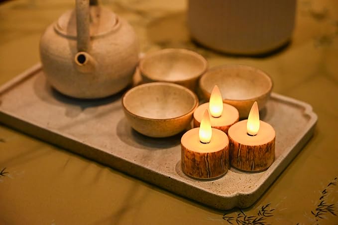 Rechargeable Flameless Tealights Candle with Remote Timer, 3D Moving Flame Real Wax Led Tealight Candles (Rech-6Tealight-bark, 1.4in)