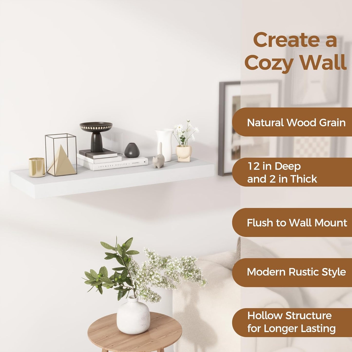 Fun Memories 30 Inch Floating Shelves White, 12 Inch Deep Floating Shelf for Books, 30 x 12 x 2 Deep & Thicked Wall Shelves for Bathroom, Living Room, Kitchen, Set of 1