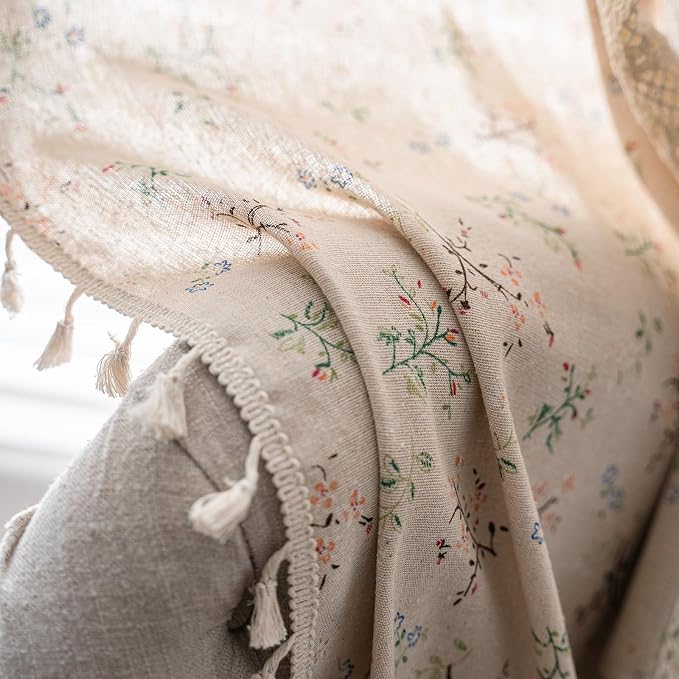 OYX Floral Farmhouse Curtains 96 Inches Long Semi-Blackout Living Room Drapes Cotton Linen Blend Bohemian Window Curtain Panels with Tassel Beige Rod Pocket Bedroom Drapes, 2 Panel