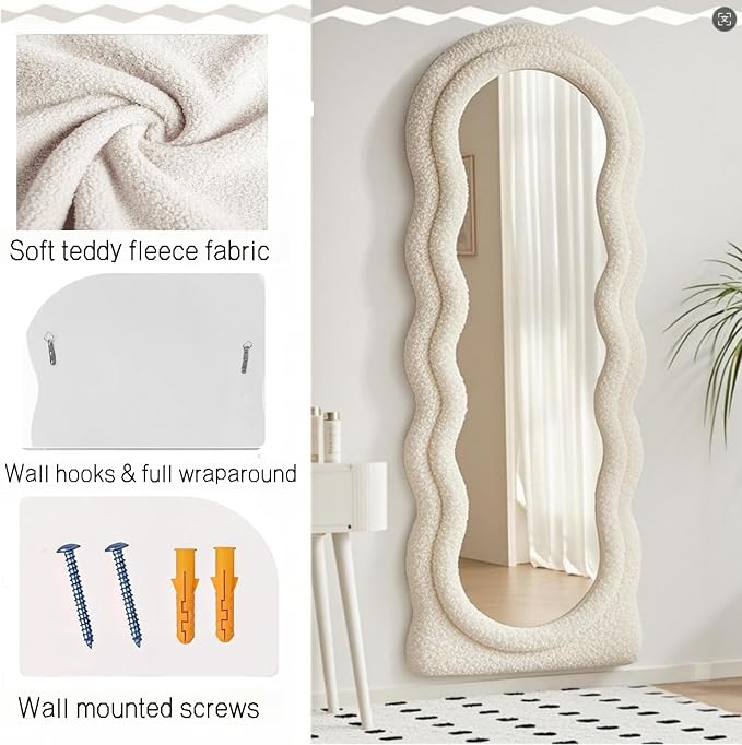 Dewfig Full Length Mirror, 63" x 24"Irregular Wavy Mirror, Large Floor Length Mirrors Wall Mounted, Standing Wavy Mirrors with Teddy Velvet Wrapped Wooden Frame for Bedroom/Living Room, White
