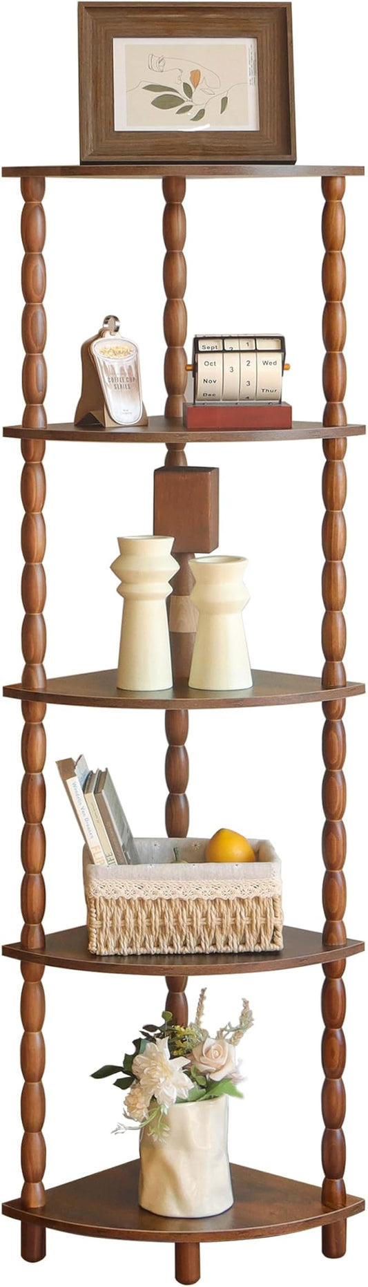 MaxSmeo Corner Shelf, 5-Tier Corner Bookshelf for Small Spaces, Stylish Corner Storage Display Shelves for Bedroom, Bathroom, Kitchen, Living Room (Rustic Brown)