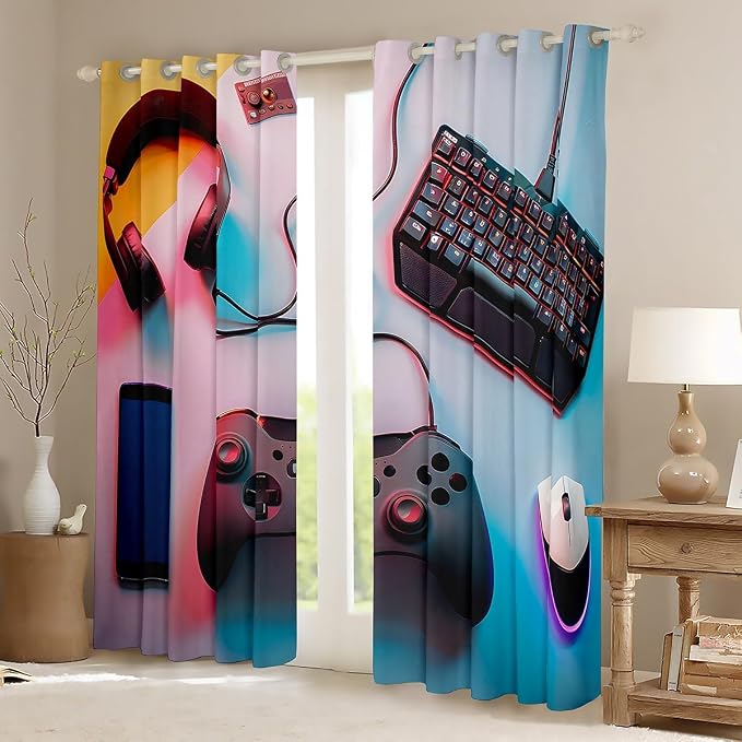 Feelyou Kids Boys Gamer Window Curtains Black Pink Blue Gamer Darkening Drapes Gaming Blankout Curtains Game Room Decor Window Treatments (2 Panels, 38 x 45 Inch)