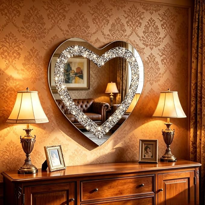 DMDFIRST Crystal Crush Diamond Heart Shaped Silver Mirror for Wall Decoration 24x24x1 inch Wall Hang Frameless Mirror Acrylic Diamond Décor.