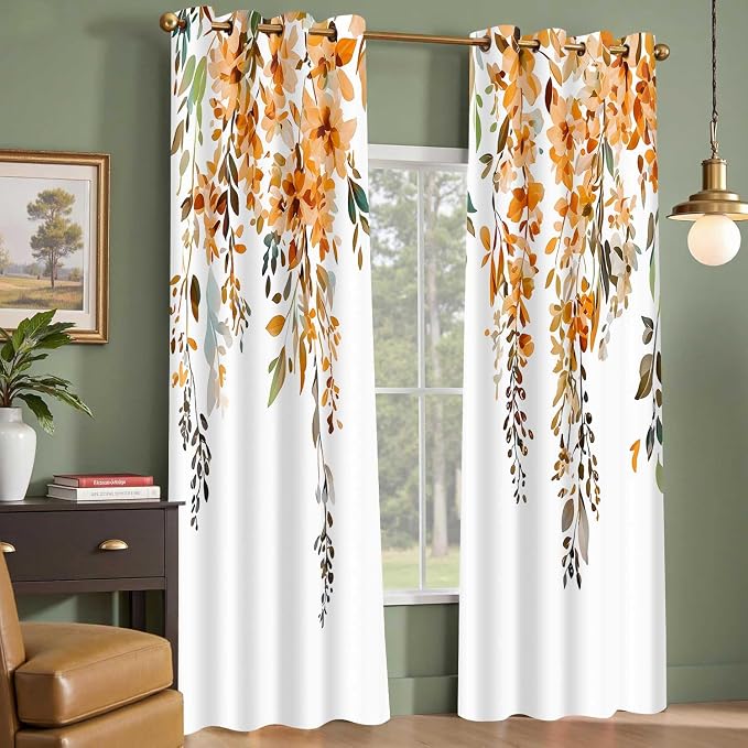 Orange Watercolor Floral Curtains, Botanical Leaves Vine Flowers Curtain, Rustic Farmhouse Flower Leaf Blackout Window Treatment Drapes for Bedroom Living Room 42x90 inch, 2 Panels