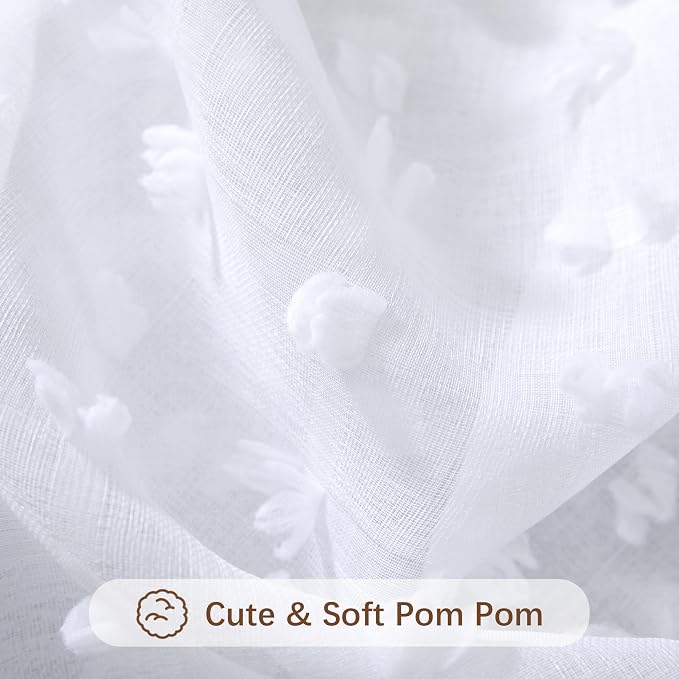 Pom Pom Sheer White Curtains 108 Inches Length White Semi Sheer 2 Panels Farmhouse Boho Pattern Design Voile Draperies Floor to Ceiling Curtains for Living Room Bedroom Back Tab Extra Long 108 Inch