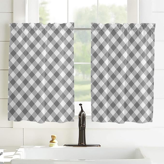 54 Inch Long Tier Curtains for Kitchen, Pastoral Style Grey Lattice Bathroom Window Curtains Rod Pocket Short Curtains Window Treatment Tiers for Living Room Farmhouse 2 Panels