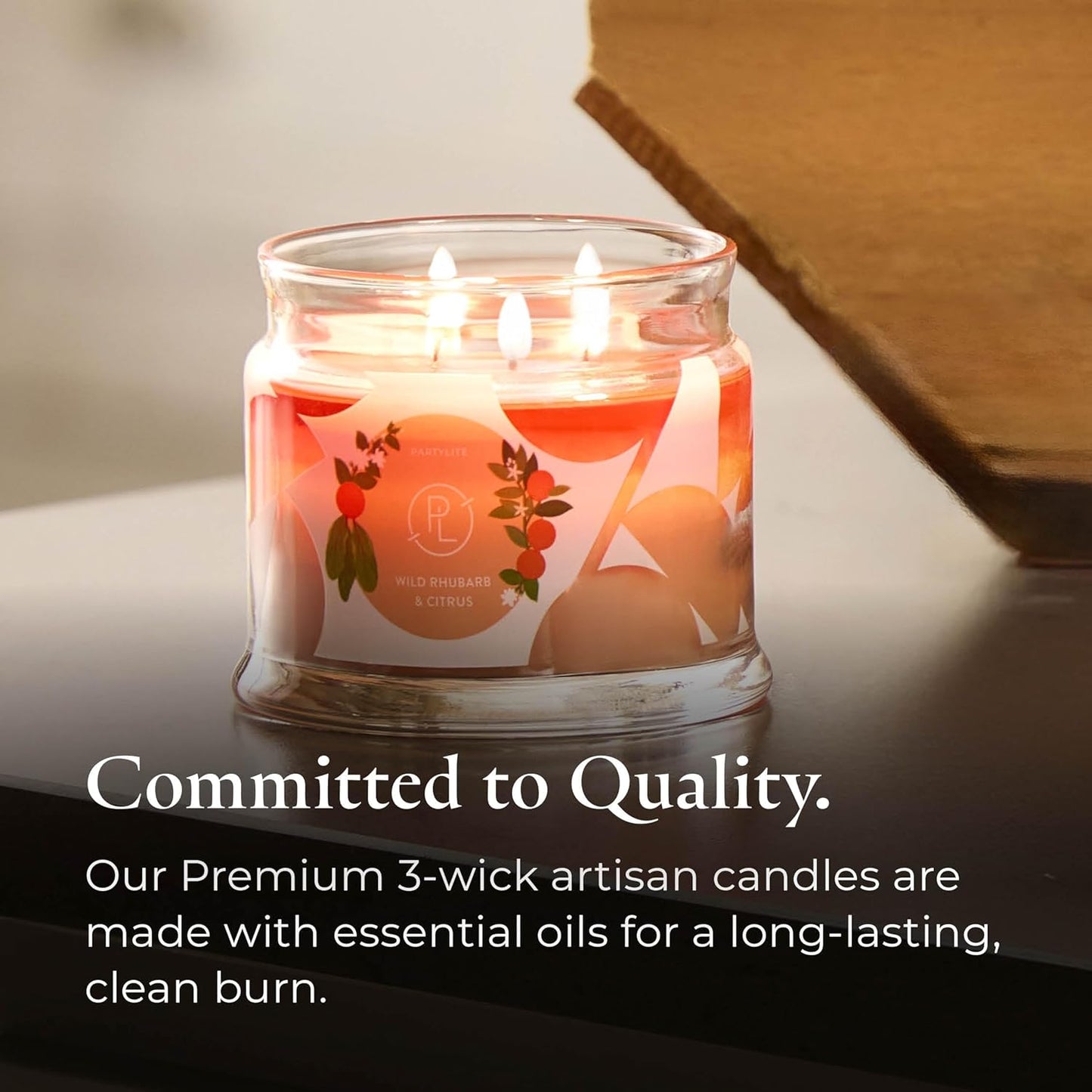 PartyLite Wild Rhubarb & Citrus Scented, Notes of Jasmine, Rhubarb and Creamy Sandalwood and White Musk, 13.2oz 3-Wick Jar Candle, 45 Hour Burn Time, Luxurious Fragrance, Ideal for Gifting