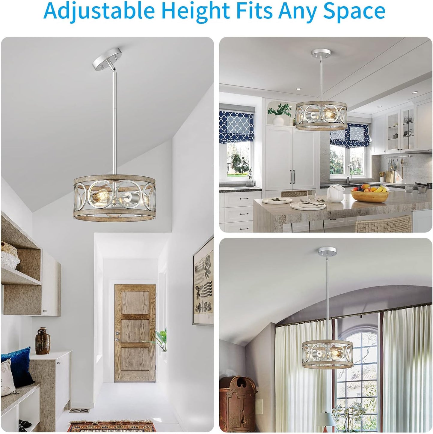 XINGQI Modern Ceiling Light Adjustable Height Pendant Lighting Fixture Brushed Nickel Wood Grain Metal 13" Rustic Round Lights for Dining Room Kitchen Bedroom Foyer Hallway