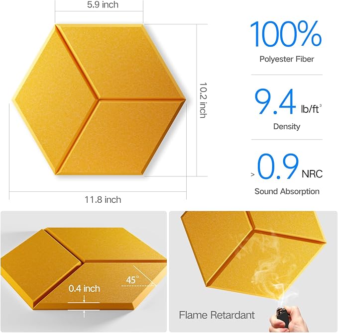 22 Pack Self-Adhesive Acoustic Panels 12" X 10" X 0.4" - Sound Proof Foam Panels with High Density, Y-Lined Design, Flame Resistant, Absorb Noise and Eliminate Echoes(Orange Yellow)