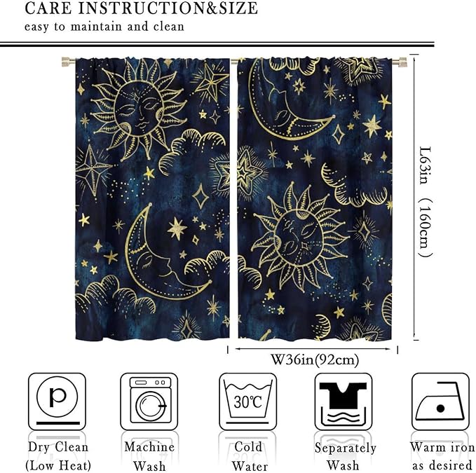 Boho Sun Moon Blackout Window Curtains, Bohemia Theme Sun Moon Stars Print Pattern Rod Pocket Window Drapes, for Living Room Bedroom 72x63in 2 Panels