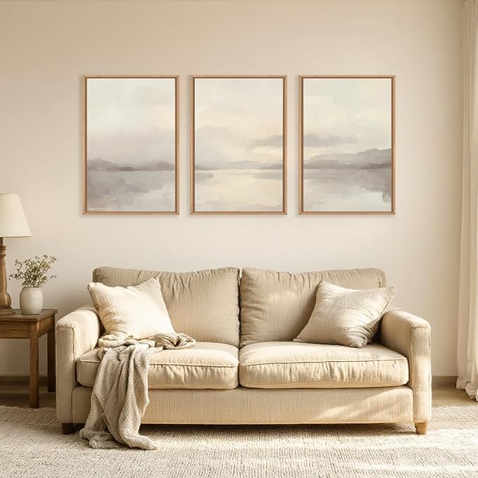 LHIUEM Large Abstract Neutral Beige Pastel Framed Canvas Wall Art,Modern Watercolor Lakes Wall Decor,Nature Mountain Minimalist Artwork for Living Room,Bedroom,Dining Room,Office -24"x36"x3