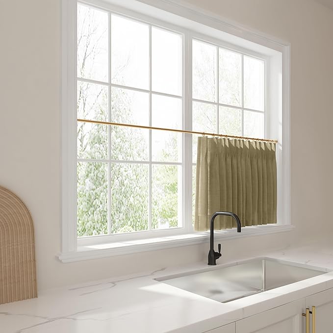 TWOPAGES 52" W x 45" L Linen Blend Cafe Curtains for Kitchen Window, Light Filtering Pinch Pleated Tier Curtains, Modern Farmhouse Half Window Curtains for Bathroom, Taupe Grey, 2 Panels