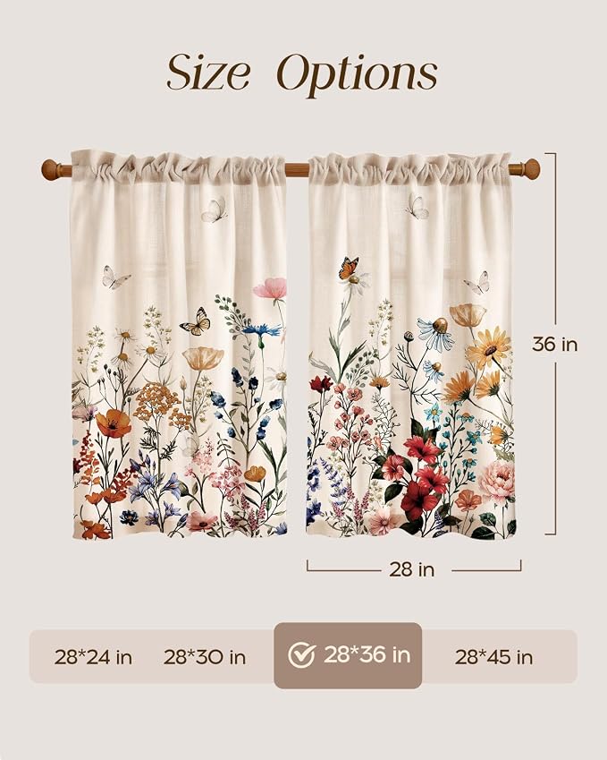 Miss Adola Floral Kitchen Tier Curtains - 36 Inch Length Linen Blend Farmhouse Cafe Curtains Vintage Small Window Treatments Over Sink Rod Pocket for Bathroom Living Room Light Filtering, 2 Panels