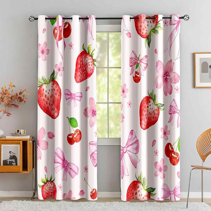 LUVIVIHOME Cute Floral Strawberry Blackout Curtains, Pink Bow Curtains for Girls Bedroom Living Room, Aesthetic Bowknot Girly Preppy Coquette Room Decor, Grommet Window Drapes 2 Panel Sets, 42x63 Inch