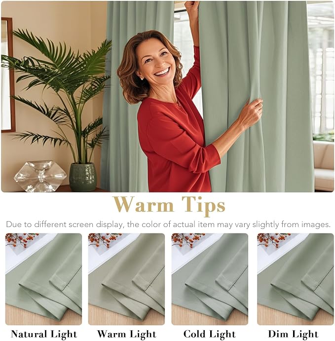 H.VERSAILTEX Back Tab Sage Green Curtains 90 Inch Long for Living Room, Rod Pocket Room Darkening Thermal Insulated Blackout Curtains, 52 x 90 Inch, Light Sage, 2 Panels