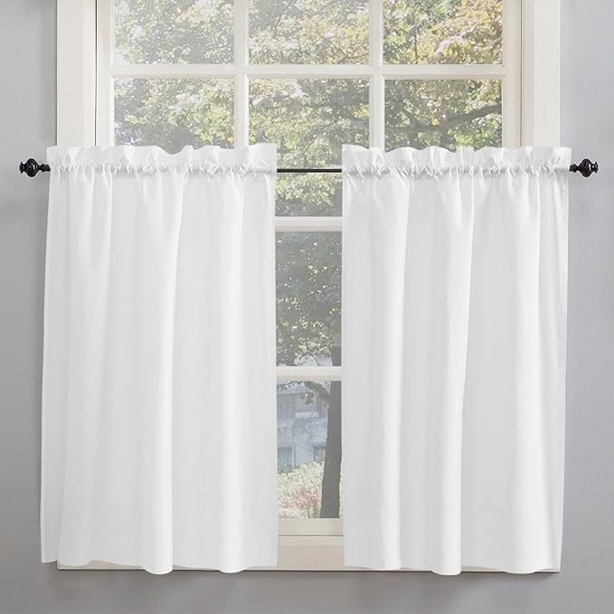 45 Inch Long Tier Curtains for Kitchen, Solid Color White Bathroom Window Curtains Rod Pocket Short Curtains Window Treatment Tiers for Living Room Farmhouse 2 Panels