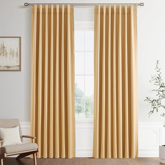 Joywell 100% Blackout Linen Curtains 90 Inch Long for Bedroom 2 Panels Set Black Out Curtain Hook Belt Back Tab Room Darkening Drapes for Living Room Office Window 52 x 90,Camel