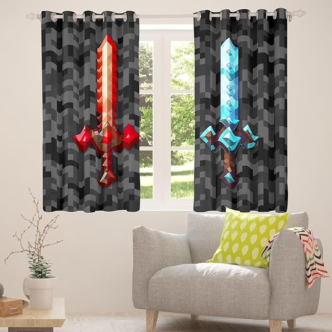 Castle Fairy Red Blue Sword Living Room Decor Curtains,Sandbox Building Games Window Curtain,Boys Teens Pixelated Style Swords Window Treatment Grey Black Camo Blackout Drapes 2 Panels,52Wx63L
