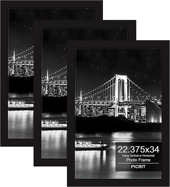 Picrit 22.375x34 Picture Frame 3 Pack, Black Poster Frame, Display Poster 18 x 24 with Mat or 22.375 x 34 without Mat for Horizontal or Vertical Wall Mounting