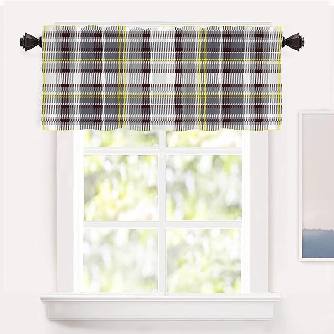 Shrahala Grunge Vintage Art Plaid Blackout Short Curtains for Windows, Tartan Grey Kitchen Valance Thermal Insulated Rod Pocket Window Treatment for Bathroom 52 X 18 in