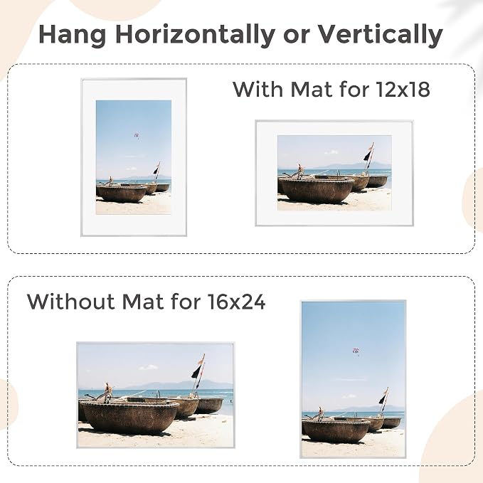FLYJOE 16x24 Frame | 16x24 Poster Frame With Mat For 12x18 | Metal Aluminum Picture Frame With Tempered Glass | Minimalist Modern Poster Frame | Hanging Hardware Included | Silver