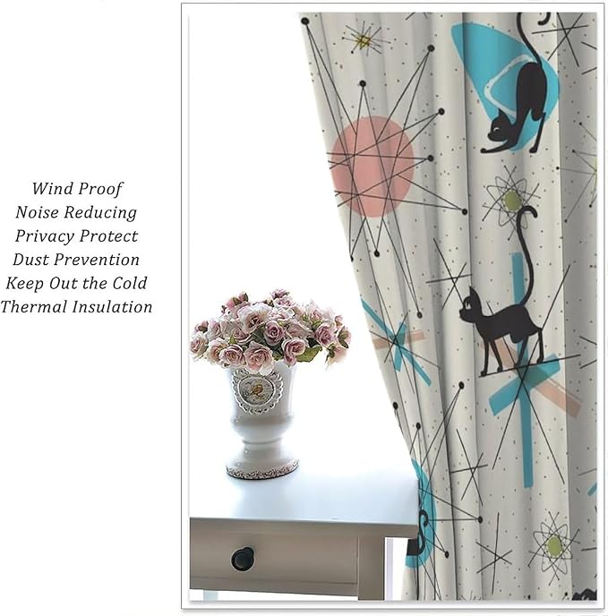 JESTRONRY Mid Century Curtains, Black Cat Atomic Stars Abstract Geometric Vintage Kitty Animal Room Darkening Door Window Rod Pocket Curtain for Living Room Bedroom 63x63in