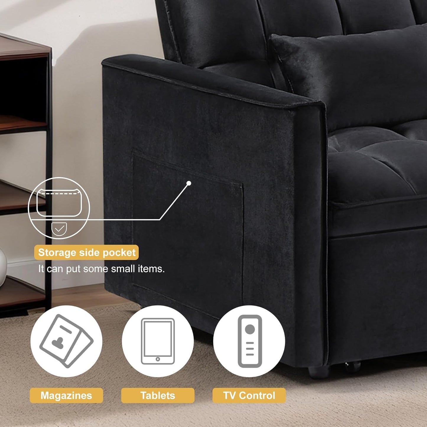 3 in 1 Convertible Sleeper Sofa Bed, Couch with Pull Out Bed with Side Pocket, Convertible Love Seat Sleepers Couch for Living Room, Bedroom, Black