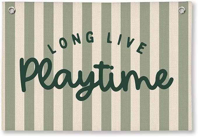 Playroom Decor, Long Live Playtime Wall Hanging Linen Banner, Green Striped Wall Flag for Play Room Decor, 20x30 Inch-Green